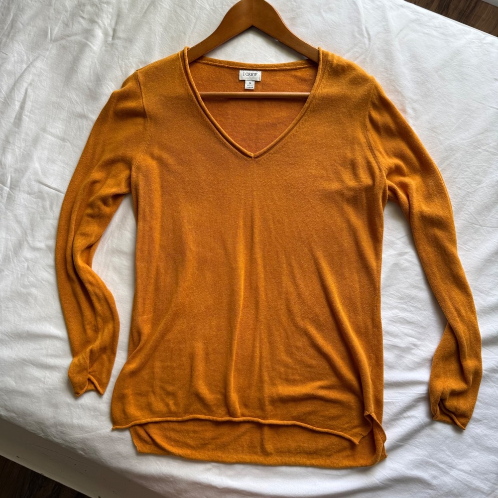 J.Crew Womens Mustard Yellow Linen Viscose V-Neck Sweater Small Quiet Luxury - Picture 1 of 7